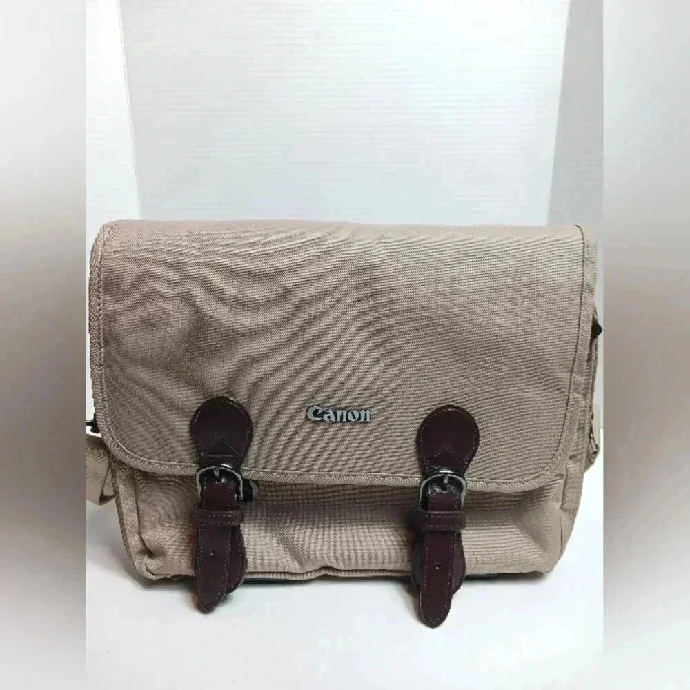 Canon Beige Canvas Brown Leather Carry Shoulder Strap Padded Camera Bag CLEAN